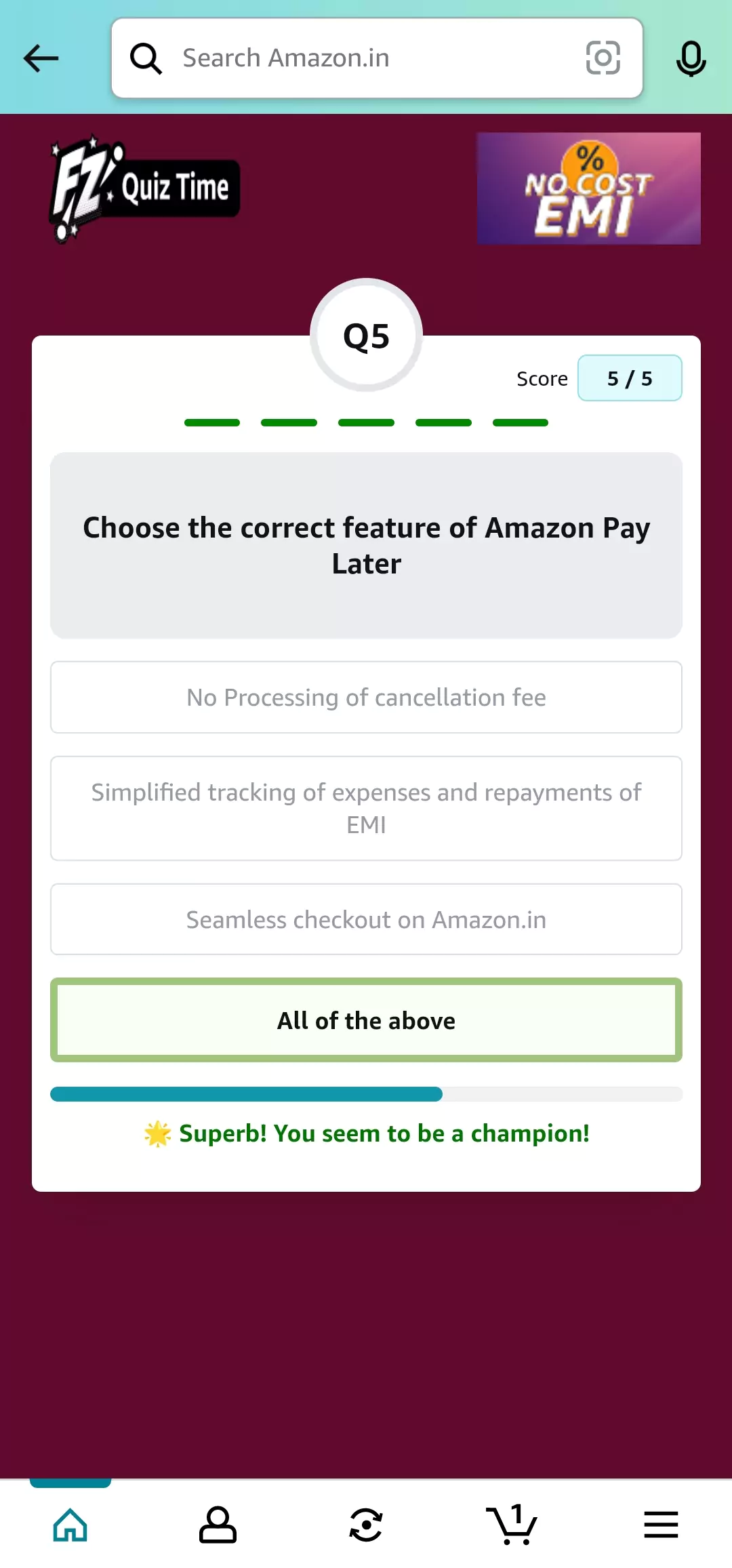 Amazon No Cost EMI Quiz Answer 5