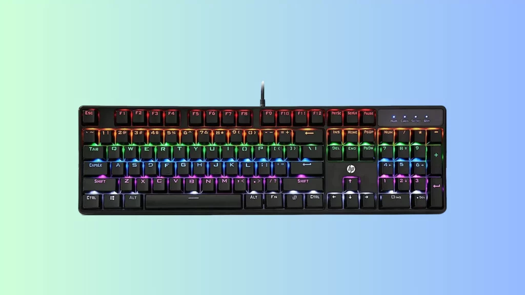 HP GK320 Wired Full Size RGB Backlight Mechanical Gaming Keyboard, 4 LED Indicators, Mechanical Switches, Double Injection Key Caps, and Windows Lock Key
