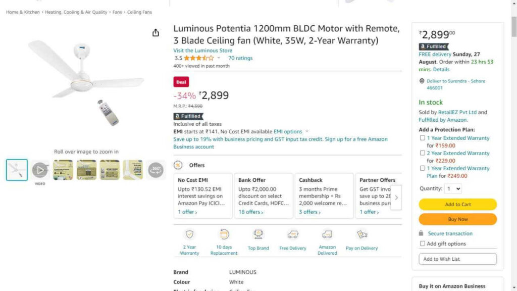 Luminous Potentia 1200mm BLDC Price Dropped by Rs 1,100