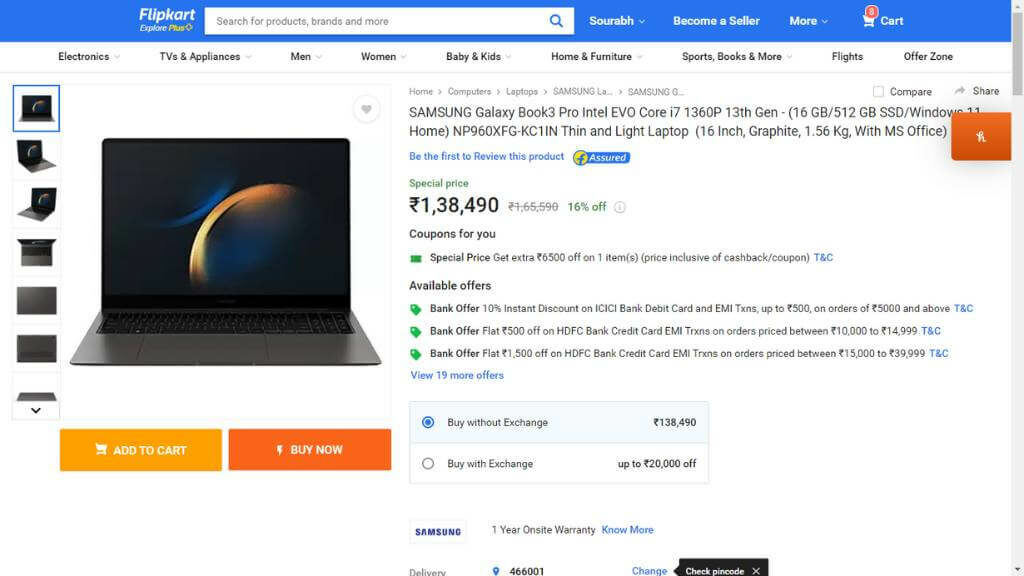 SAMSUNG Galaxy Book3 Pro Intel EVO Core i7 1360P 13th Gen - (16 GB/512 GB SSD/Windows 11 Home) Price Drops by Rs 27,100; Check Out the Offer on Flipkart