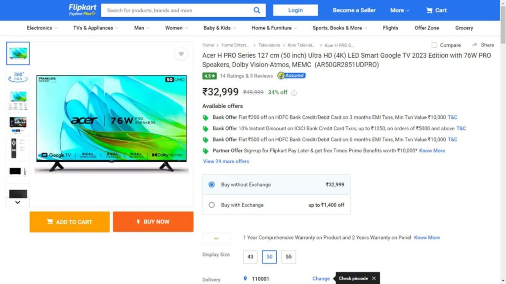 Flipkart Offers Acer H PRO Series 50-inch 4K Smart Google TV at Lowest Price