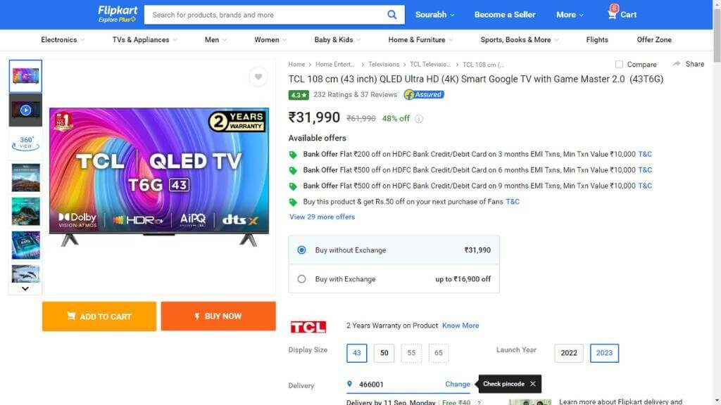 TCL 43-inch QLED 4K Smart Google TV (43T6G) Gets Rs. 4,000 Price Drop on Flipkart – Check the Offer