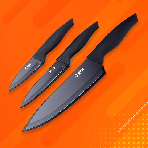 Q'sica Non-Stick Kitchen Knife Set with Blade Covers, 3 Pieces Set